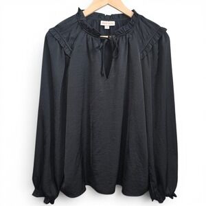 Knox Rose‎ Top Womens Medium Black V Neck Tie Blouse Ruffle Casual Ladies
